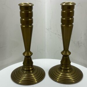 Vintage solid brass turned MCM 7” candlestick holders (set of 2)
